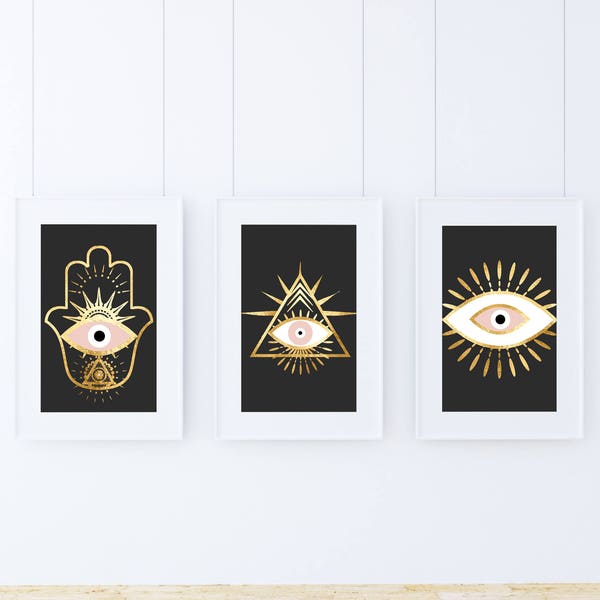 Zestaw 3 trzy, Evil eye hamsa złota folia drukuje, czeskiego plakaty, róż i złoto ściana sztuki, złe oko sztuki, duchowe sztuki, nadający się do wydruku Pobierz
