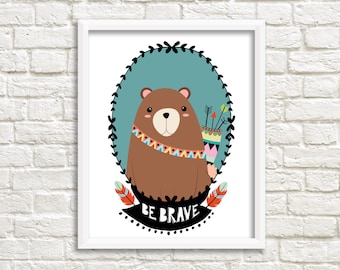Bear nursery print, 8x10 printable, woodland nursery art, nursery decor, be brave, gender neutral nursery, hand lettered, tribal nursery