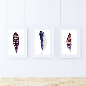 Printable art, Set of 3 wall art, Feather art print, Feather Home decor, Watercolor feather decor, Instant download, Digital art print, boho