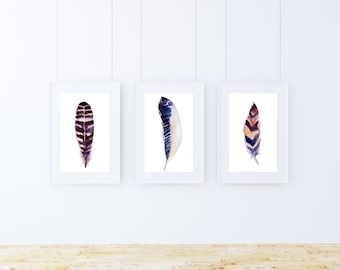 Printable art, Set of 3 wall art, Feather art print, Feather Home decor, Watercolor feather decor, Instant download, Digital art print, boho