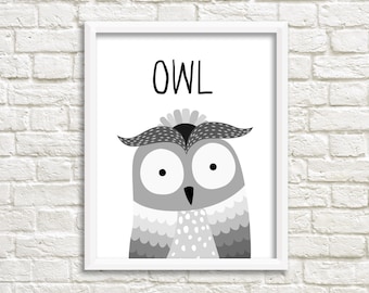 Owl Illustration Children's Print, Digital Download,16 x 20 Printable Poster,Black& White Nursery Art, Kids Print, Monochrome Nursery