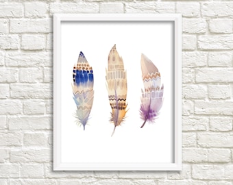Three Feathers Print, Printable Art, Feather Art, Wall Decor, instant Download, Wall Art, Home Decor, watercolor feathers print, boho print