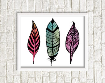 3 feathers Colorful Watercolor Art Print, watercolor print, watercolor feathers print, instant Download, Wall Art, Home Decor, boho print