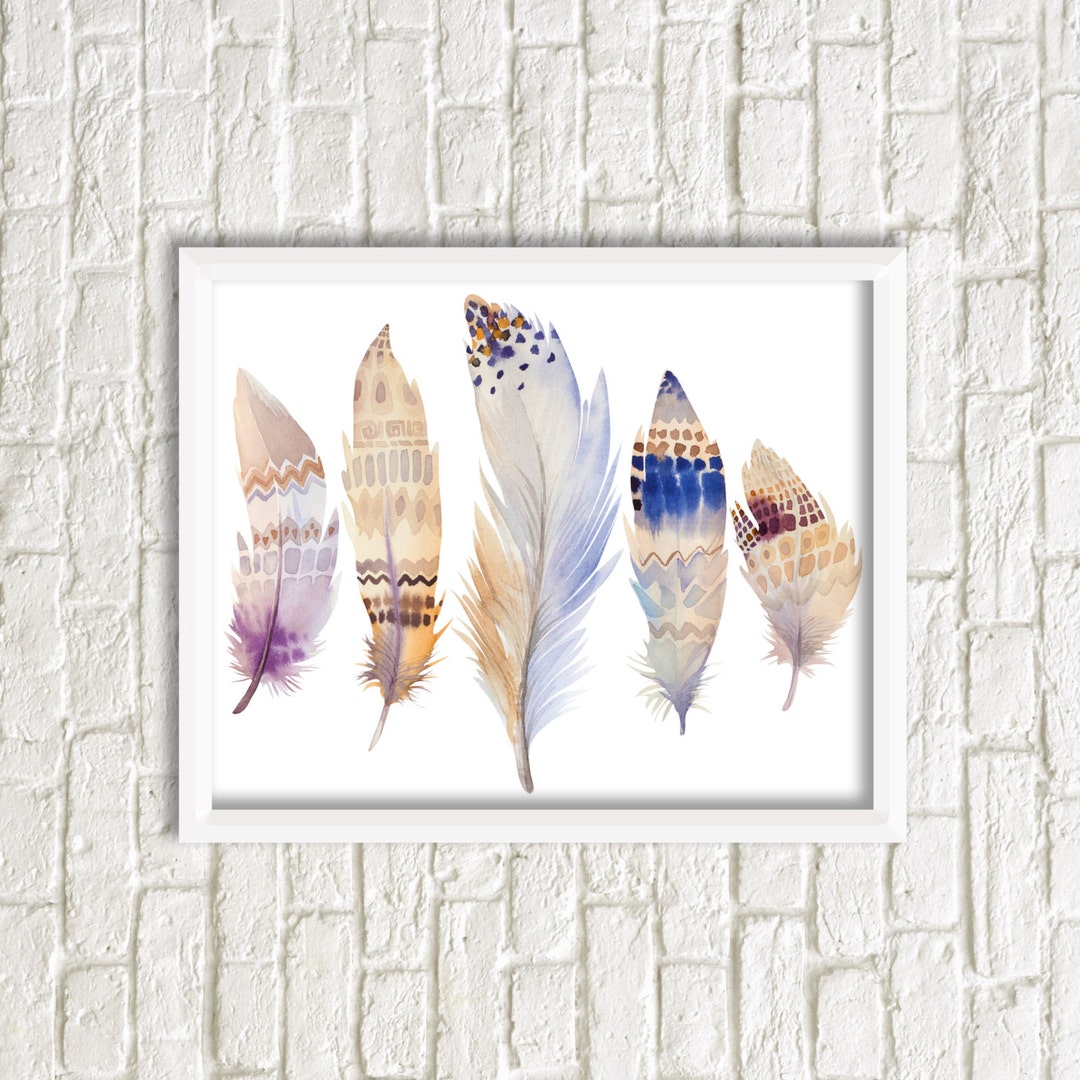 Feathers Print, Printable Art, Feather Art, Five Feathers, Wall Decor ...