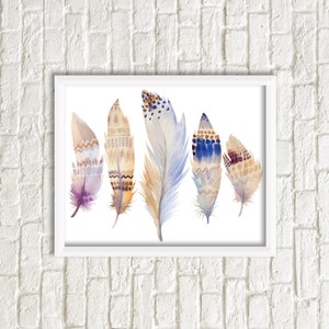 Feathers Print, Printable Art, Feather Art, five Feathers, Wall Decor, instant Download, Wall Art, Home Decor, watercolor feathers print