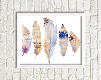 Feathers Print, Printable Art, Feather Art, five Feathers, Wall Decor, instant Download, Wall Art, Home Decor, watercolor feathers print