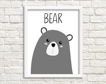 Bear Illustration Children's Print, Digital Download,16 x 20 Printable Poster,Black& White Nursery Wall Art, Kids Print, Monochrome Nursery