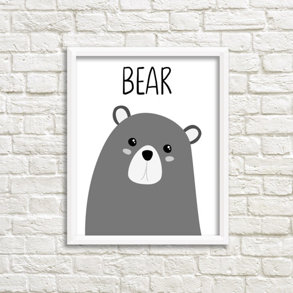 Bear Illustration Children's Print, Digital Download,16 x 20 Printable Poster,Black& White Nursery Wall Art, Kids Print, Monochrome Nursery