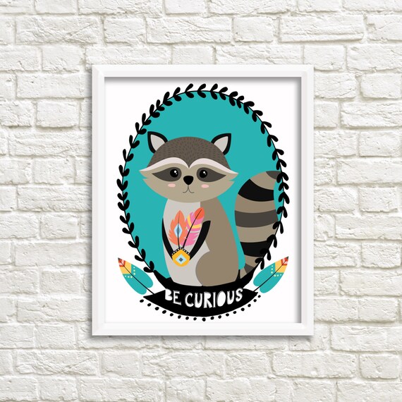 raccoon nursery print, 16x20 printable, woodland nursery art, nursery decor, be curious, gender neutral nursery, tribal nursery,