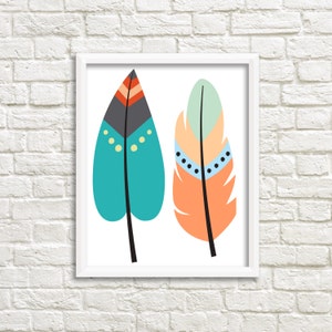 8 x 10 coloré plume imprimable, Decor plume, plume affiche, Tribal Home Decor, Art Tribal de pépinière, téléchargement immédiat, vert et orange
