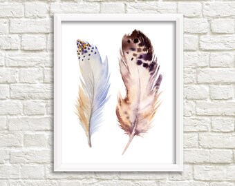 printable art Feather print, two feather Art, boho wall art, Feather Printable, boho nursey decor, feather nursery, tribal wall decor