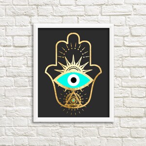Evil Eye Hamsa Gold Foil Print, Geometric Bohemian Poster, Black and ...