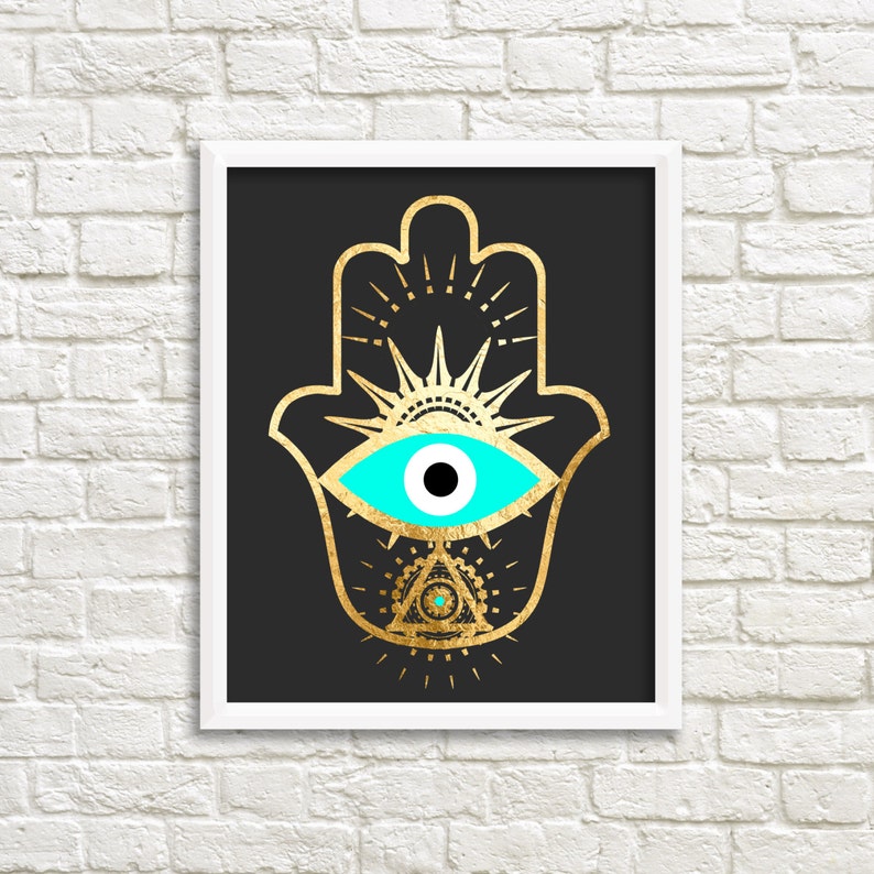 Evil Eye Hamsa Gold Foil Print, Geometric Bohemian Poster, Black and ...