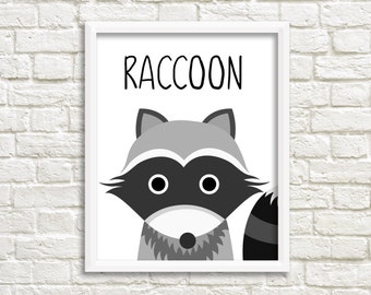 Raccoon Illustration Children's Print, Digital Download,16 x 20 Printable Poster,Black& White Nursery Art, Kids Print, Monochrome Nursery