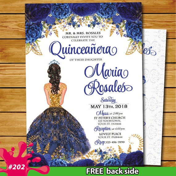 Royal Blue Roses Quinceanera Invitation Gold Silver Royal Blue Etsy
