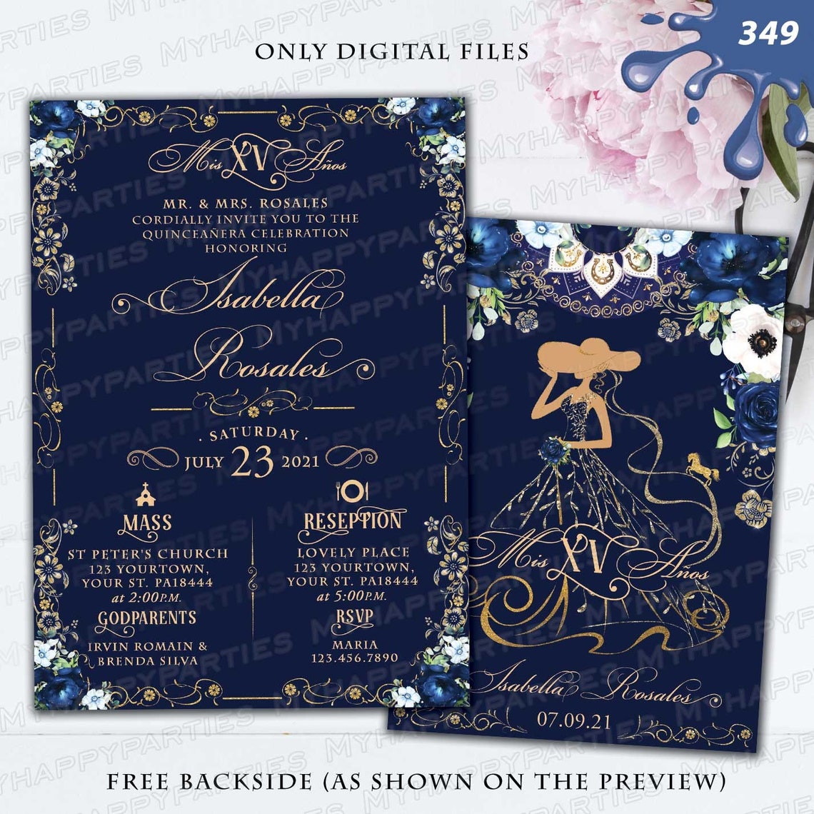 Quinceañera Navy Blue Gold Invitation Mis Quince Invitation Etsy