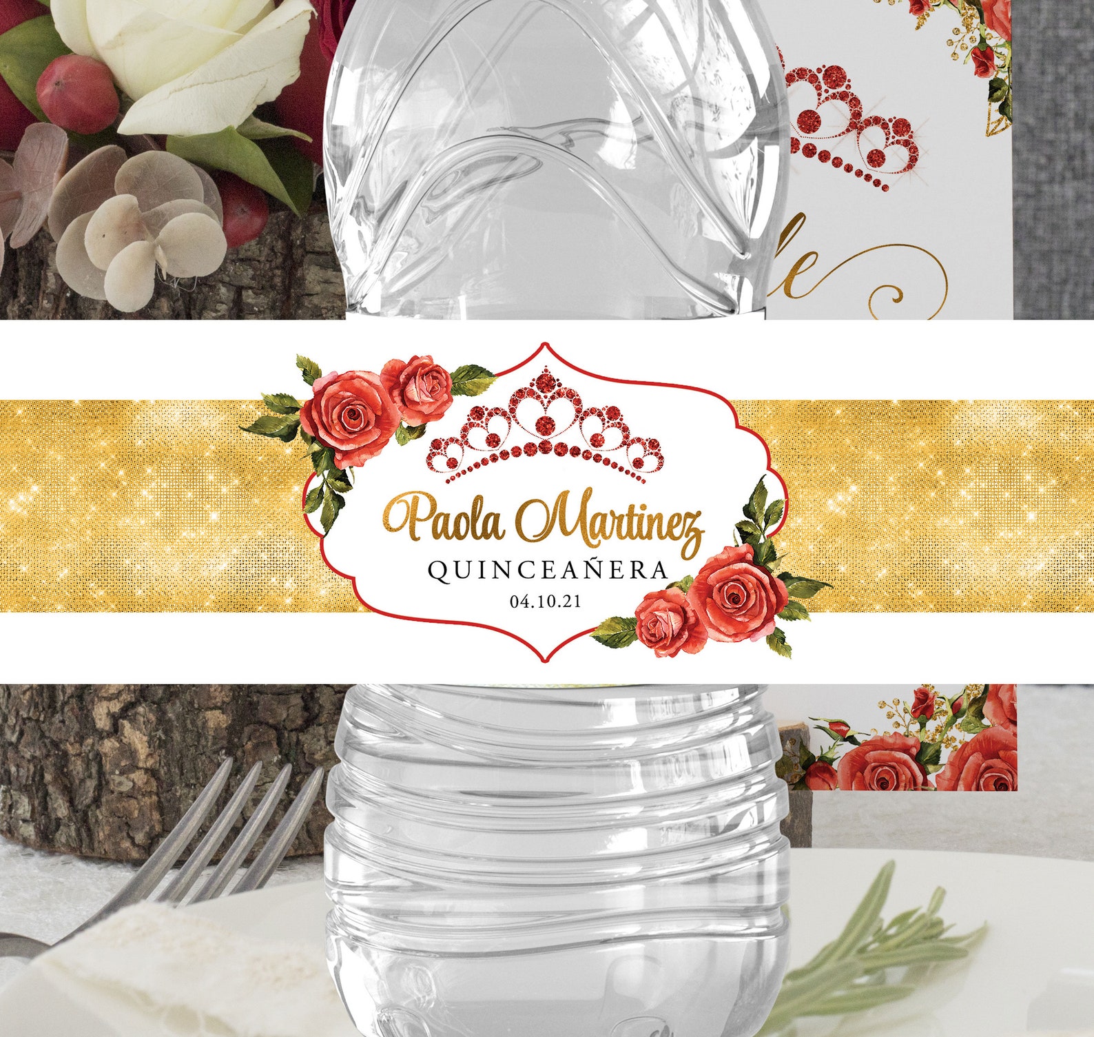 Floral Roses Red Gold Quinceañera water bottle labels sweet 16 Etsy