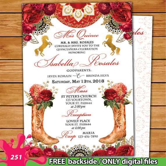 Red Gold Western Quinceanera Theme Invitation Gold Red Roses Etsy