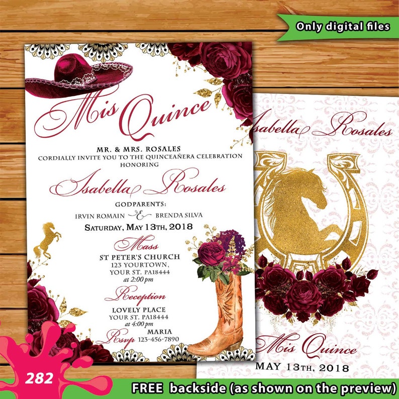 Burgundy gold Western Charro Quinceañera Theme invitation gold | Etsy