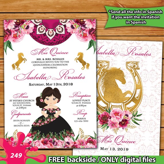Hot Pink Black Charra Quinceanera Invitation Sweet 16 Gold Hot Etsy