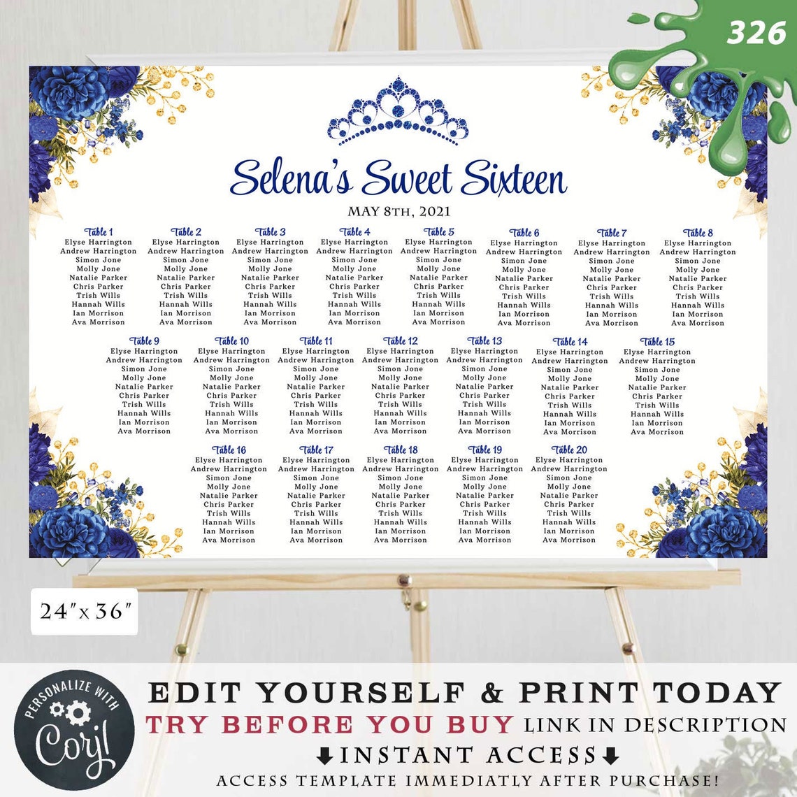 Wedding Seating Chart Template Quincea era Sweet 16 Sixteen Etsy