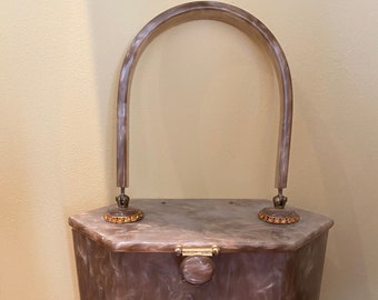Nickel Clasp Great Condition 1940s Vintage Lucite Purse by Rialto Gunmetal Grey Marbled Round Body with Clear Carved Lucite Top /& Handle