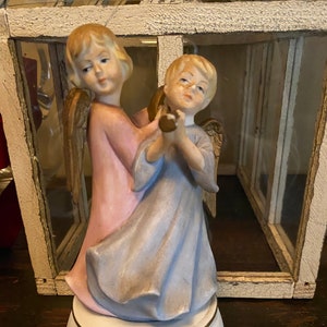 Antique Vintage Pink and Blue Angels Figurine Music Box “Lullaby “ Marked Japan