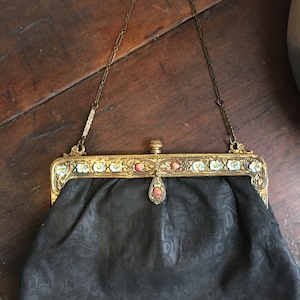 Antique Vintage  Floral Black Evening Bag Purse, Brass & Enamel Frame