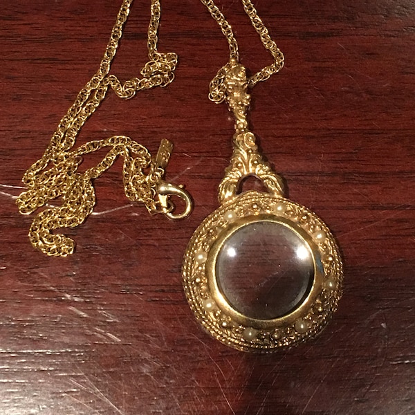 Vintage Gold Tone Necklace with Faux Pearl Glass Magnify Pendant Signed LR Lady Remington