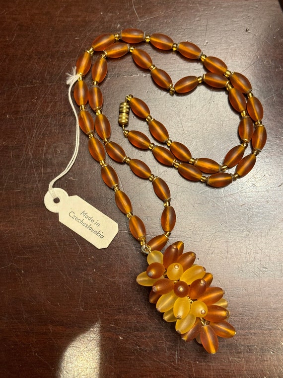 Vintage Amber CZECH GLASS Beaded Pendant Necklace 