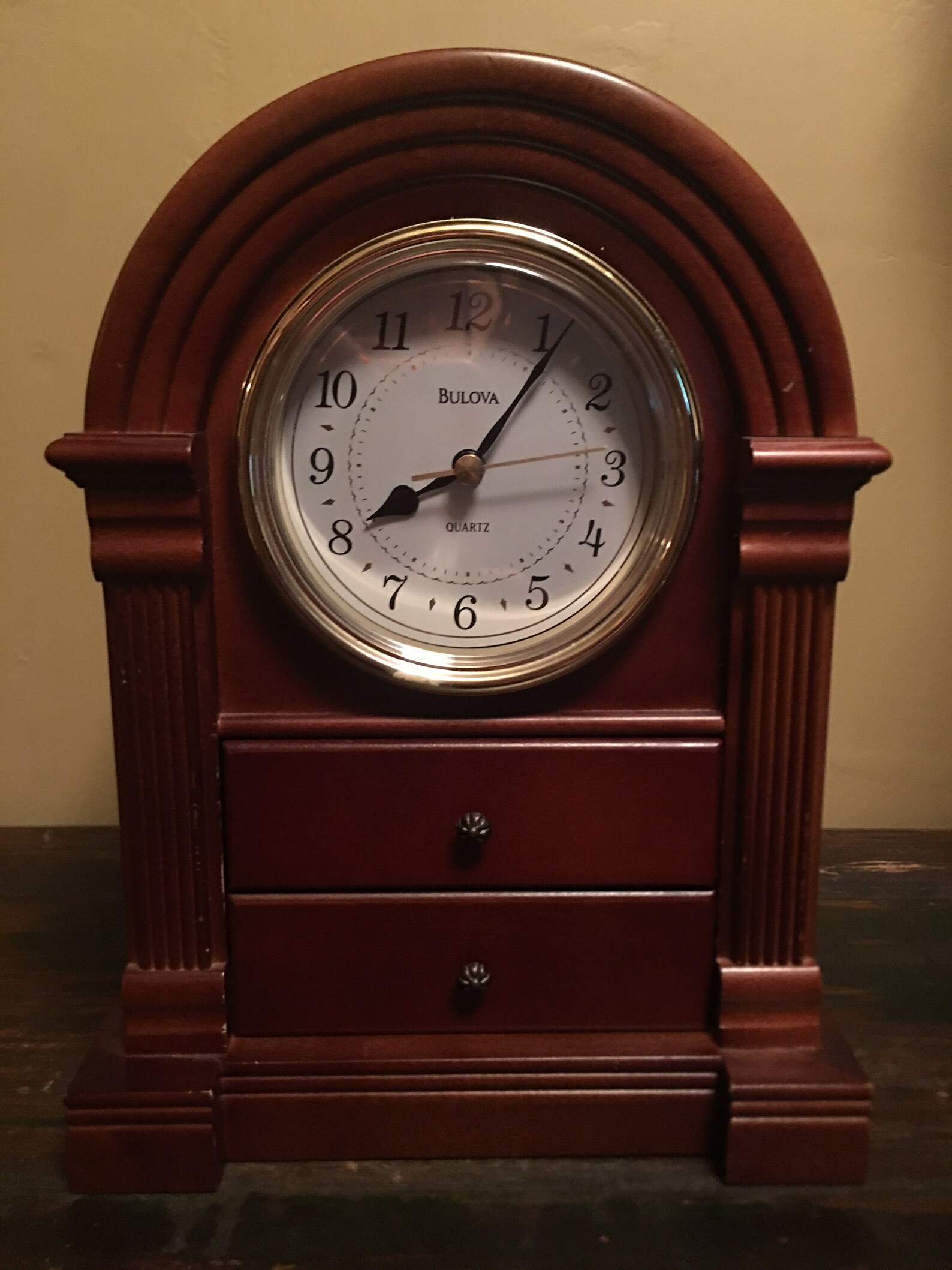 Vintage Bulova Mantle Clock Wood Armoire 2 Drawer Jewelry