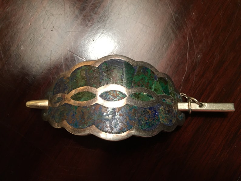 Vintage Sterling Silver and Turquoise Stick Hair Barrette Marked Mexico