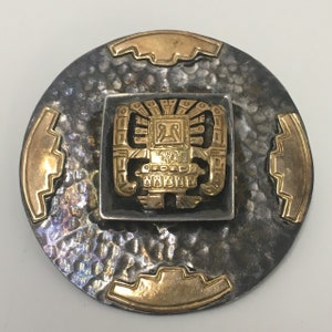 Vintage 18K Gold & Sterling Silver 925 Peru  Incan Pendant Pin Brooch 2”