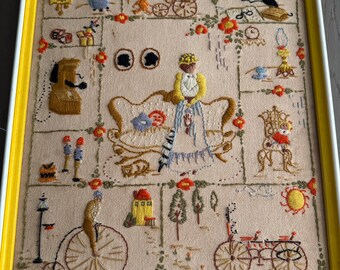 Vintage Framed Textile Wall Art Crewel Embroidery Needlework Bicycle 17” x 20