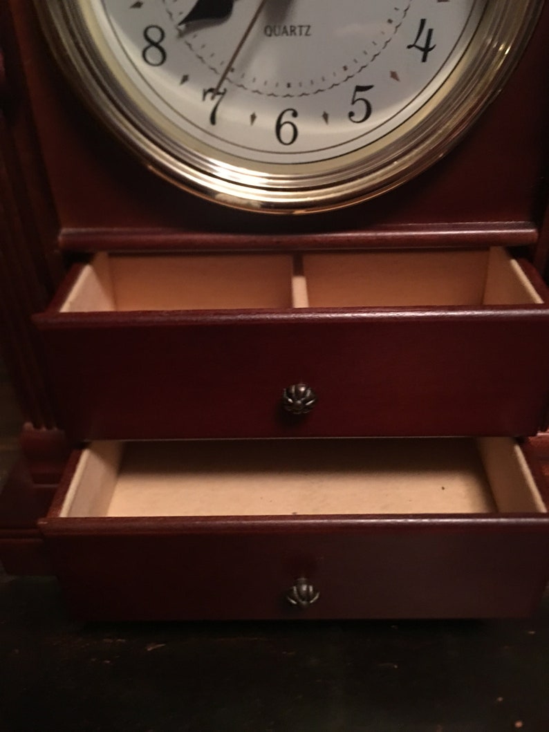 Vintage Bulova Mantle Clock Wood Armoire 2 Drawer Jewelry