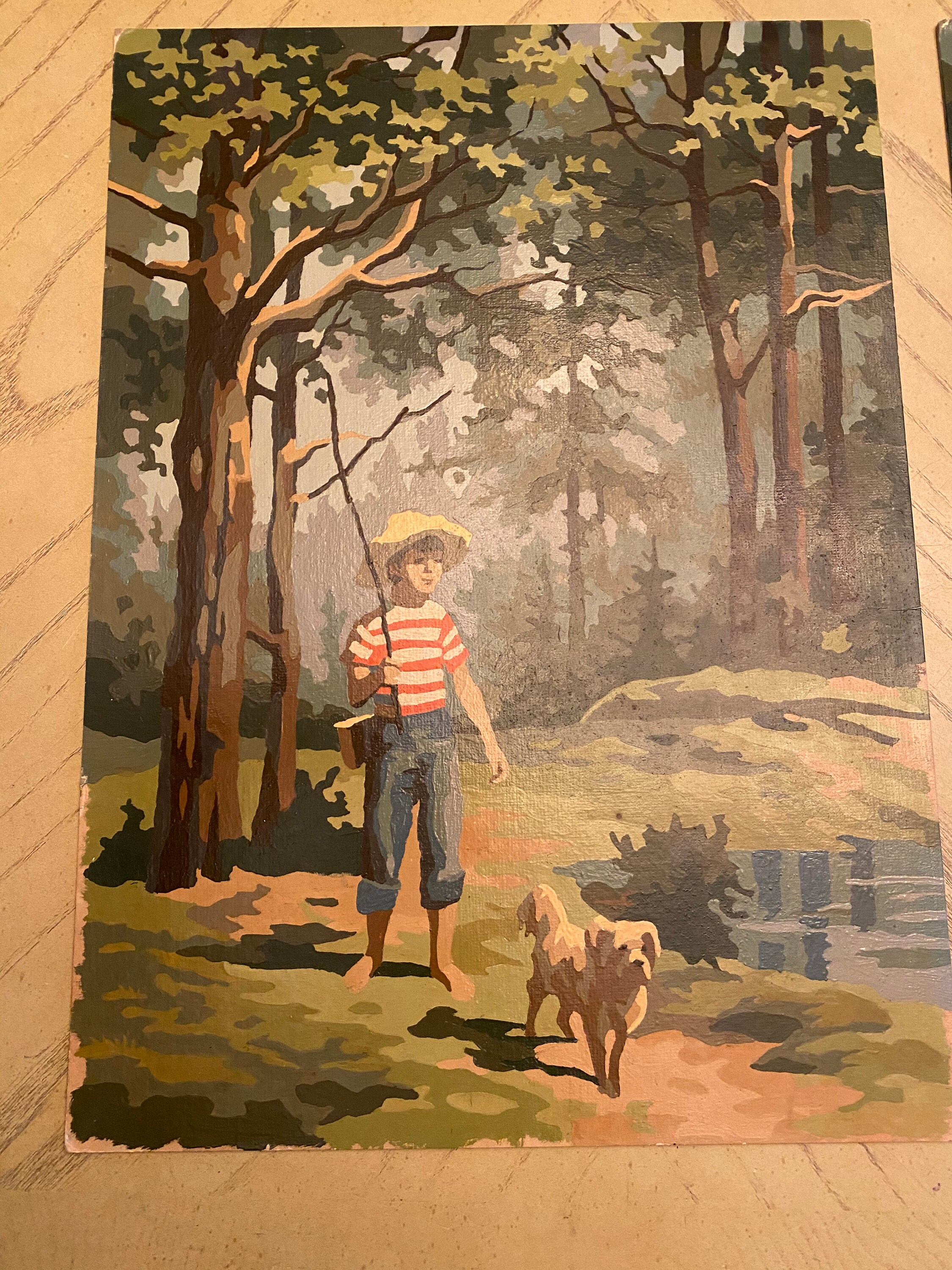 Vintage 1950s 60s Paint by Number Oil Paintings Huckleberry Finn Boy