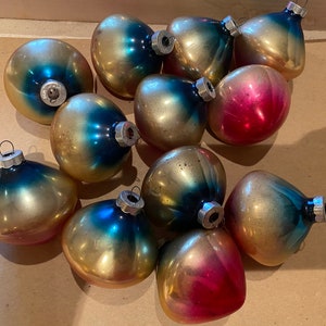 12 VINTAGE CHRISTMAS Tree Ornament  Glass Spinning Top / Atomic Shape USA