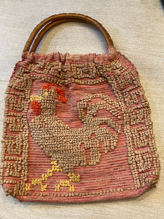 Vintage Tote Bag 60s Satchel Rooster Hand Woven Ra