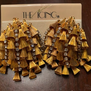 Vintage 1980s Gold Tone W/ Rhinestones  Clip on EARRINGS “The Icing “ New