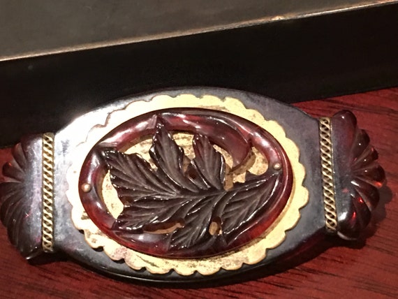 Vintage Cherry BAKELITE Carved Ornate Leaf Pin Br… - image 3
