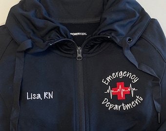 Gift for Emergency Department worker full zip jacket, Personalized medical professional, critical care workers, BSN, MD, students, RN, lpn