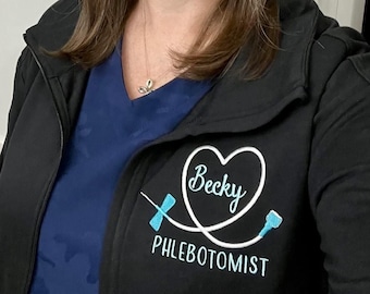 Personalized Gift for Phlebotomist, full zip jacket with pockets, healthcare workers, butterfly needle, office lab wear, pullover for PBT