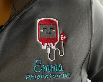 Gift for phlebotomist, personalized blood bank full zip jacket with pockets, cutesy blood donation bag, healthcare workers pullover for PBT