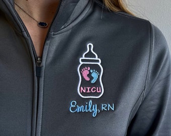 Custom NICU full zip jacket with pockets, gift for nurses, RN, BSN, cna, lpn, lvn, peds, picu, personalized  baby bottle, name and title