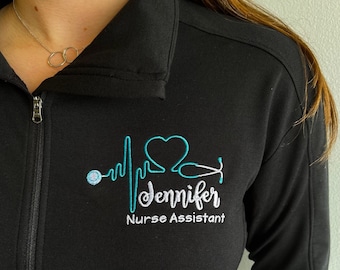 Gift for Nurse Assistant, CNA, RNA, personalized full zip sweatshirt with pockets OR pullover sweatshirt, heartbeat stethoscope, bsn rn