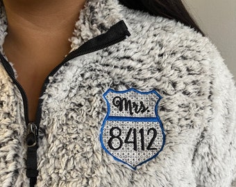 Police wife shirt, police girlfriend, thin blue line, loss of officer, police badge number, shirt, jacket, sherpa, sweatshirt, plus size