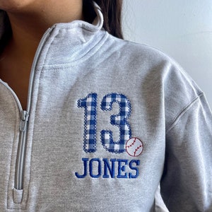 Baseball mom sweatshirt, team jackets, quarter zip pullover, player number and name, personalized monogrammed embroidered, team colors