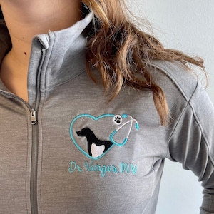 Gift for vet student graduate, full zip jacket with pockets or personalized pullover sweatshirt, VMD, DVM, CVA, lvt ava office hospital wear