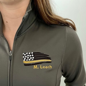 Gift for emergency dispatcher, personalized full zip jacket with pockets or pullover sweatshirt, embroidered thin gold line for 911 operator