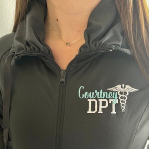 Physical therapist full zip jacket with pockets, personalized PT office wear, pullover sweatshirt gift for graduate, assistant, DPT, OT